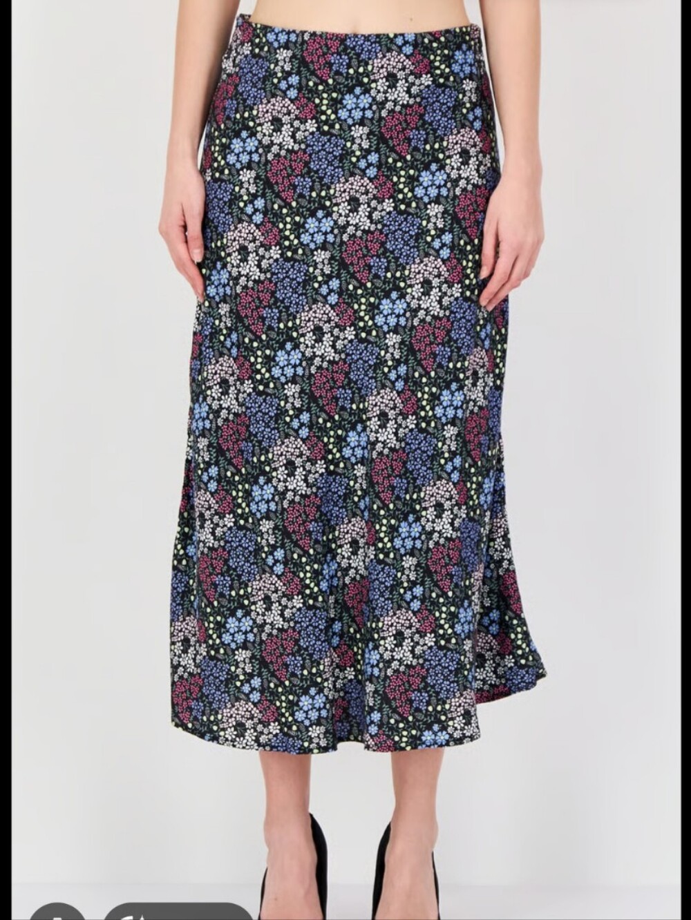 Barbour Black Floral Midi Skirt with Pink, Blue and Cream Flowers